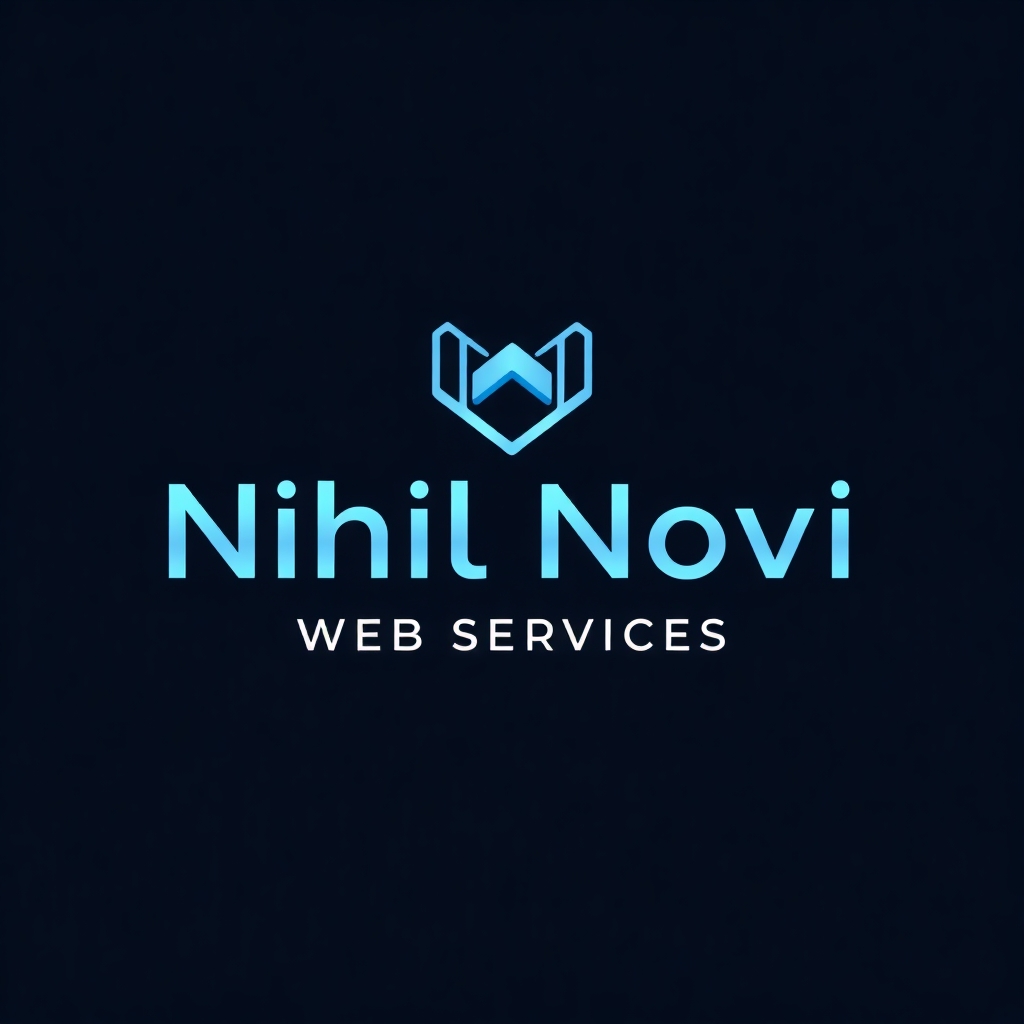 Minimalist logo for Nihil Novi Web Services, featuring a futuristic abstract icon with geometric lines symbolizing technology and digital innovation. Clean typography in deep blue, metallic silver, and cyber cyan